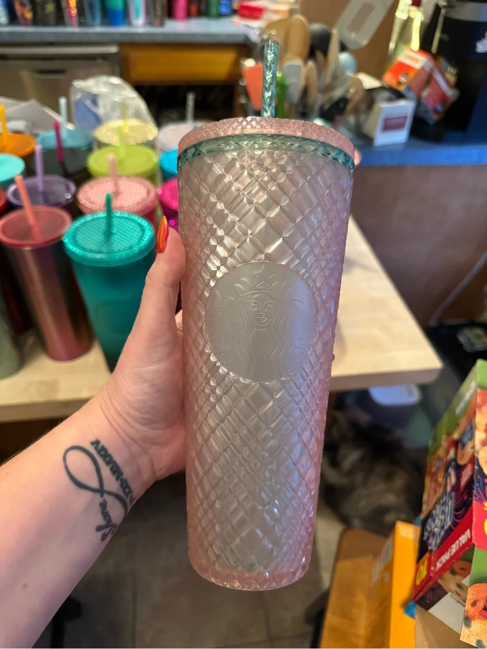 Starbucks Pink Iridescent Quilted Cold Cup with Teal Rim and Straw